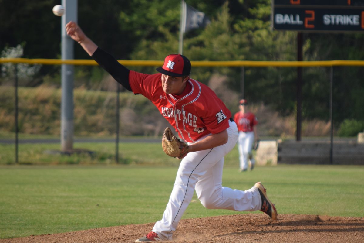 Heritage junior Cameron Taylor shutout the No. 1 Vikings in a Conference 21B semifinal on May 20. Photo by Dylan Gotimer.