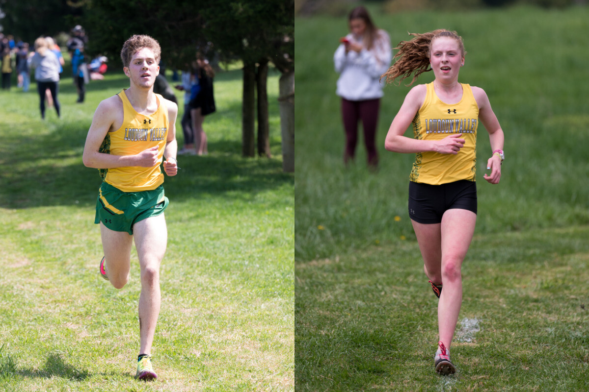 Matthew Smith (left) and Scarlet Fetterolf (right) both crossed the finish line in first place at the VHSL Region 4C cross country championship on April 13 in Leesburg.